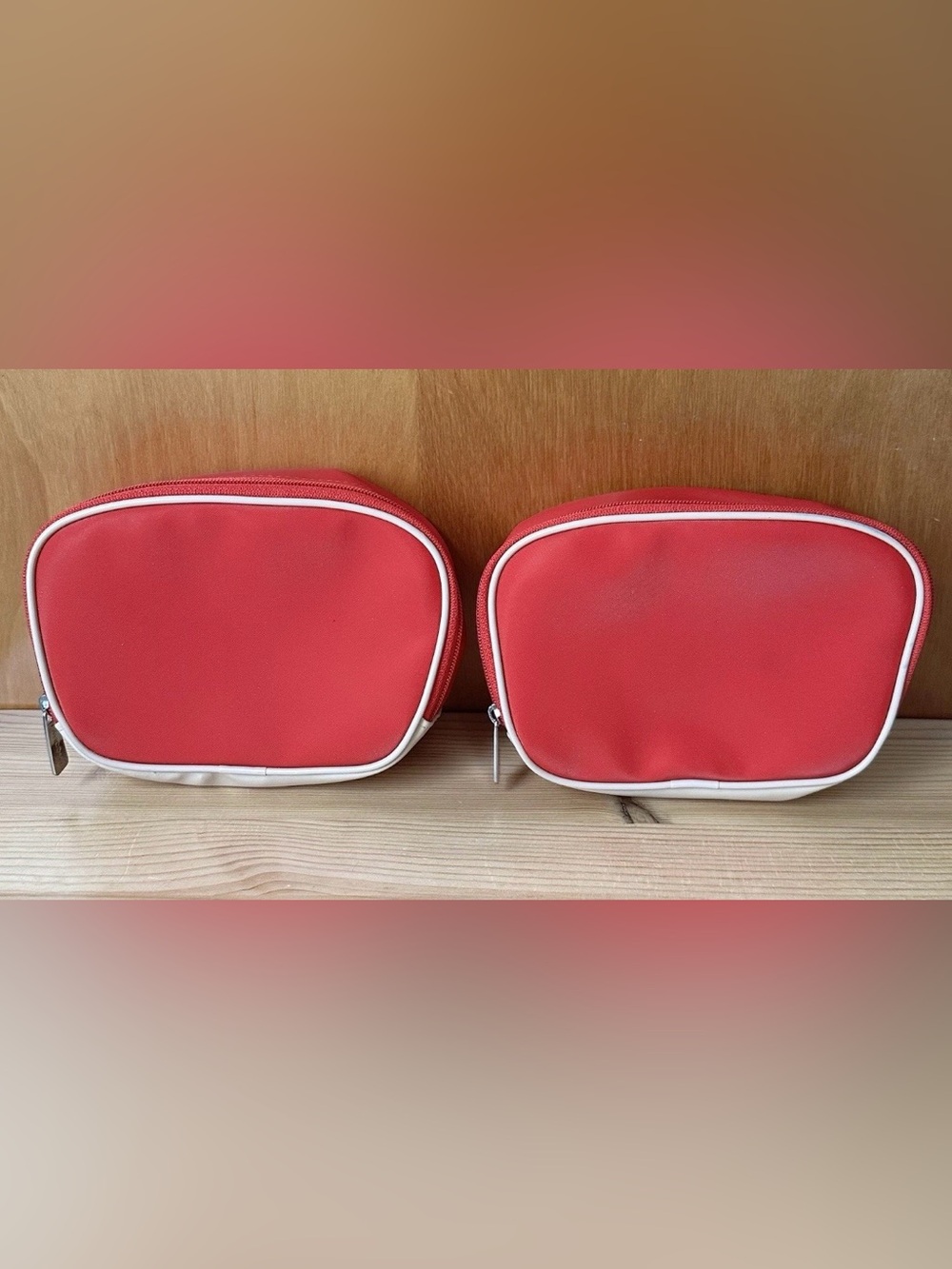 Lot Of 2 Lancome Red/Beige Wrap Around Zip Cosmetic Travel Makeup Bag Pouches